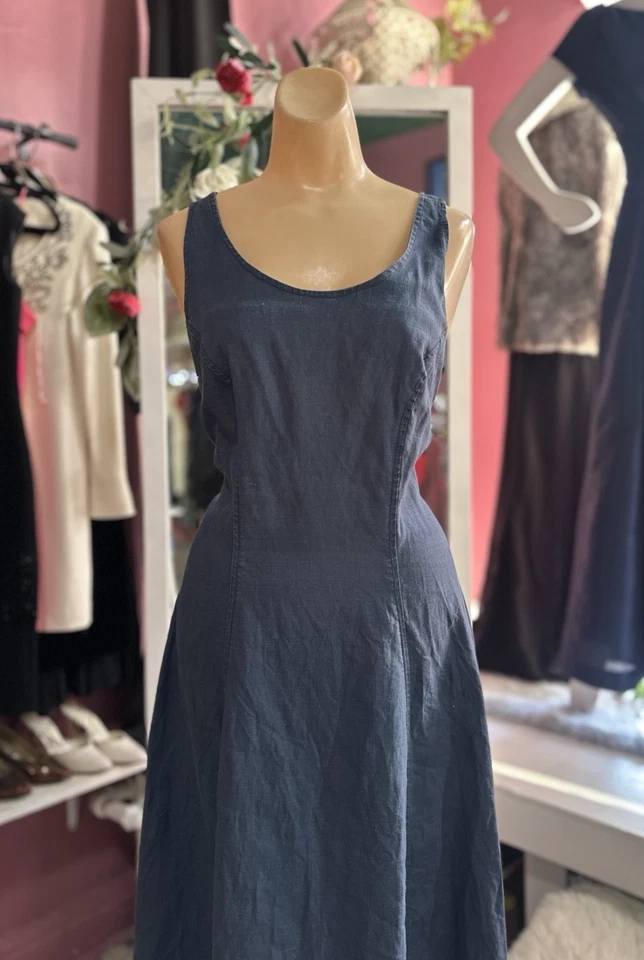 Maxi Vestido Corsé Vintage Años 90 Con Cordones Azul Cambray Espalda Abierta Boho Cáñamo M Foto 3 de 4
