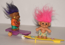Lot of 2 Russ Troll Yellow Surfboard Surfer Pink Hair Skateboard Pull Back Toy