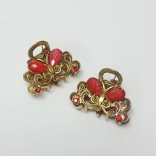 Butterfly Hair Claw Clip Gold Metal with Red Rhinestones Set 2 Pieces