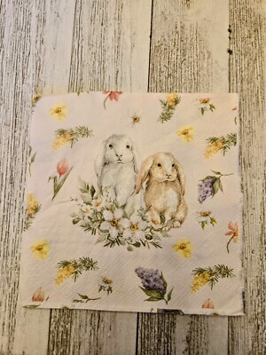 TWO Beverage Napkins  Easter Bunnies for Decoupage One Image Pink /spring floral