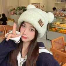 Cute Plush Bear Ear Beanie Hat Women Winter Knit Warm Bonnet Caps Skull Cap