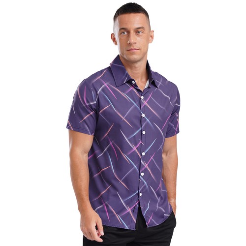 Mens Colorful Striped Casual Short Sleeve Button Down Vacation Holiday Tops - Picture 57 of 77