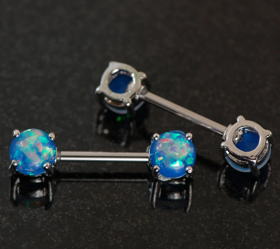 Par de anillos de pezón con barra de ópalo de fuego azul joyería piercing 14G Foto 2 de 2
