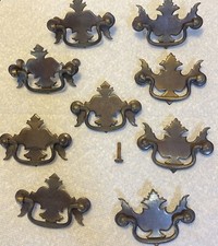 9 Colonial Chippendale Style Drop Pull Drawer Handles Brass Patina Vintage