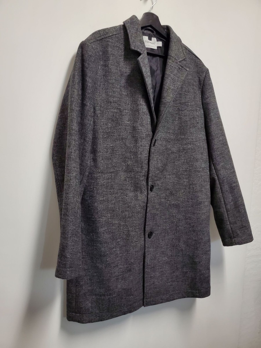 TOPMAN Jacket Overcoat Trench Wool-Blend Charcoal Gray Size XXL