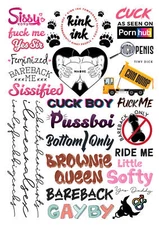 26 Gay Temporary Tattoo A4 Sheet for Kinky Sexy Male LGBT Cuckold Adult Sticker