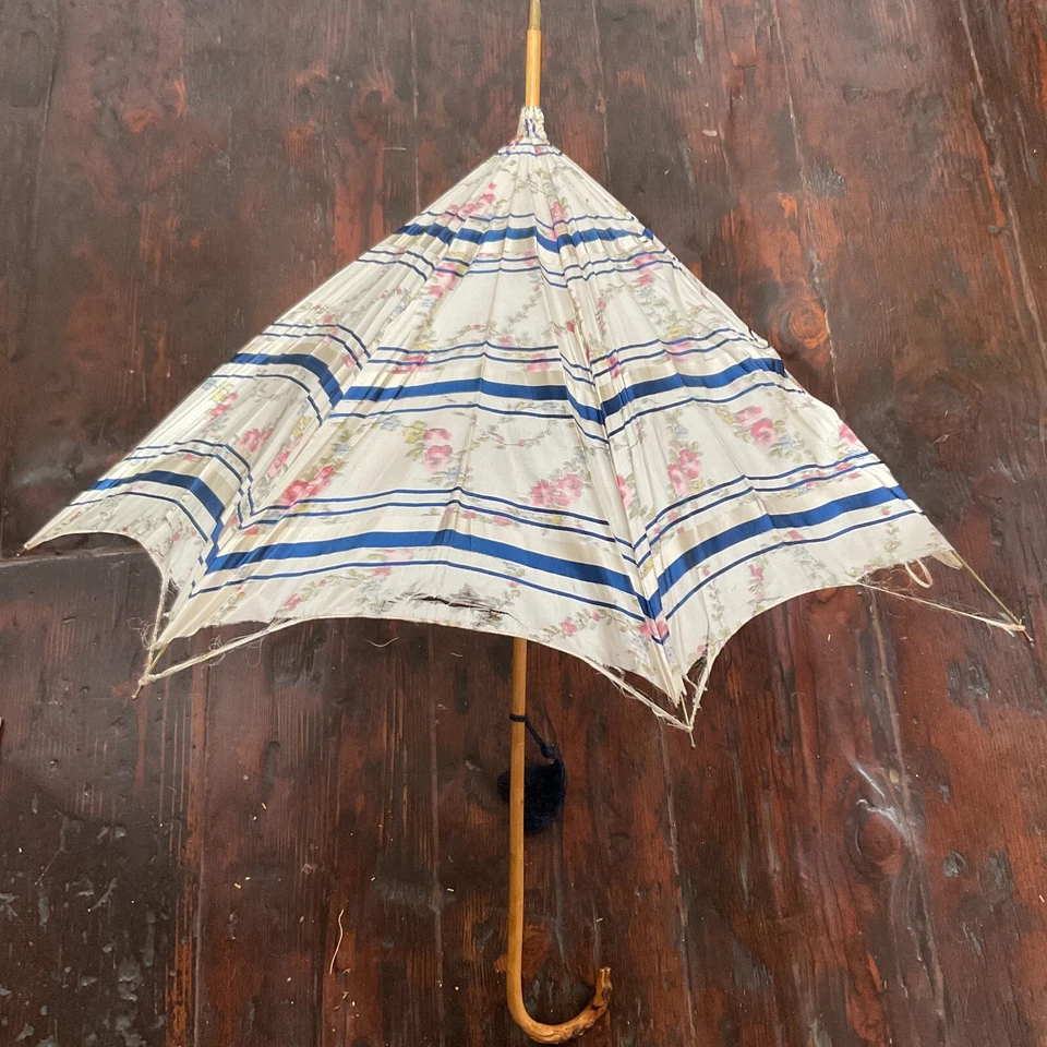 Antique Victorian Handmade Silk Tall Floral Blue Parasol Carved Wooden Shaft - Image 3 of 4
