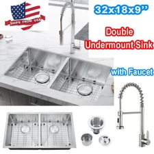32x18x9in Double Bowls Sink Undermount Stainless Steel Kitchen Sink With Faucet
