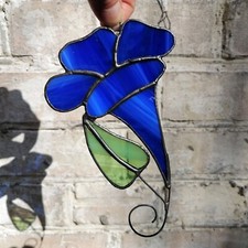 Blue Morning Glory Stained Glass Suncatcher, Handmade Flower Window Hanging