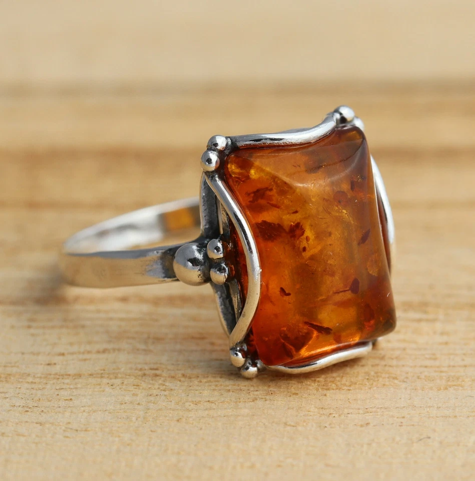 Rectangular Cognac Baltic Amber 925 Sterling Silver Ring Amber Jewellery Boxed - Image 3 of 4