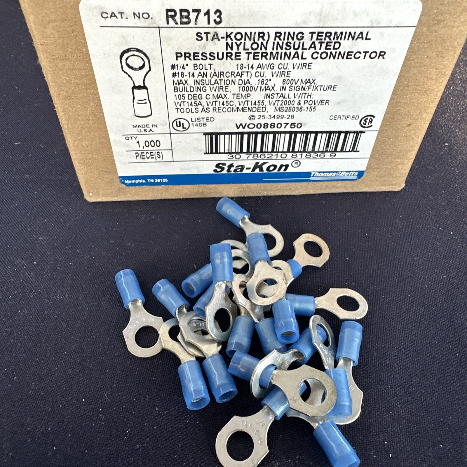 Lot Of 100 Pieces Thomas & Betts RB713 Connector Terminals Blue 1/4 16-14