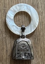 vintage Birth Record Sterling Silver Mother of Pearl Baby Rattle Teething Ring