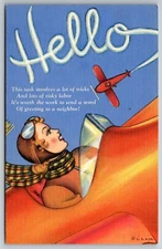 CT Co Female Aviator Pilot Hello Loop de Loop Flying 1940s Unused Linen Postcard