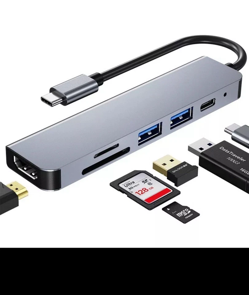 USB-C 6in1 Hub Adapter HDMI 4K USB C 3.0 Micro SD für TV Macbook iPhone Samsung - Bild 2 von 4