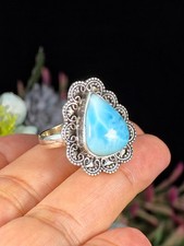 LARIMAR RING 925 STERLING SILVER BLUE DOMINICAN STONE GIFT FOR HER - SIZE 8