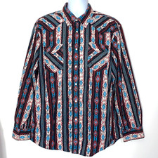 Panhandle Shirt Mens Large Blue Red Aztec Western Pearl Snap Rodeo Long Sleeve