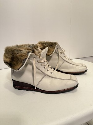Rene By Ara Square Toe Fur Lined Leather Boot Womens 8.5 Ivory