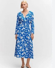 MANGO Kim Floral Ruffled Midi Dress in Blue UK 12/L (fmn47-3)