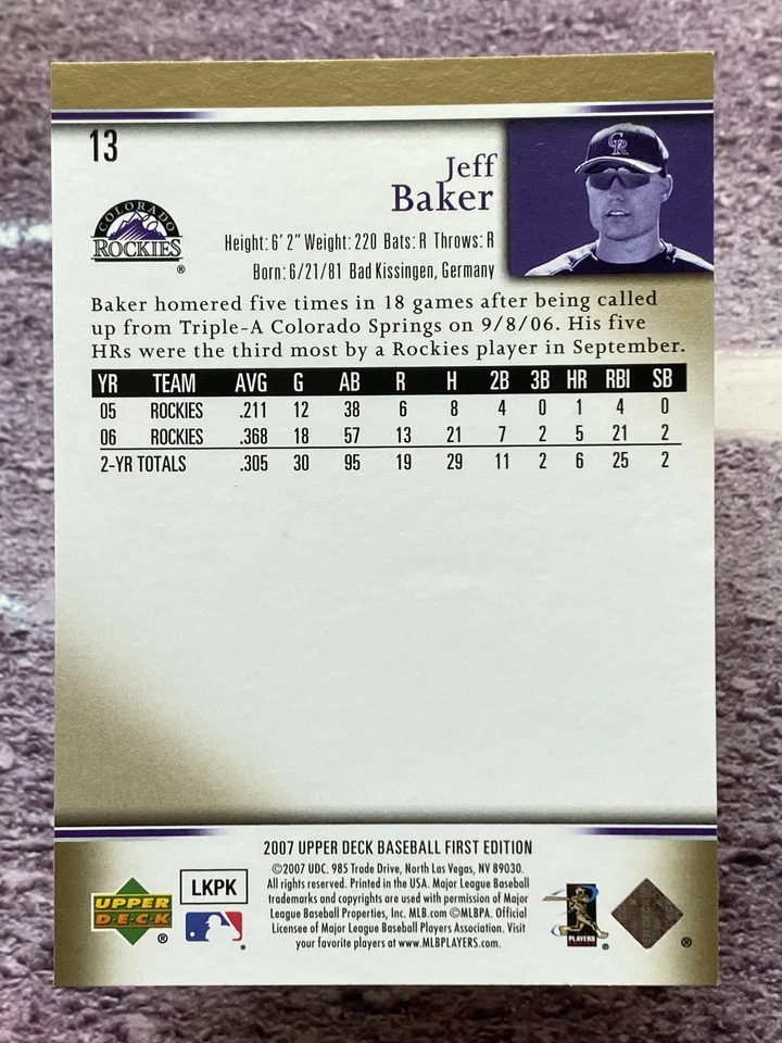 2007 Upper Deck First Edition Jeff Baker #13 Colorado Rockies - Image 2 of 2