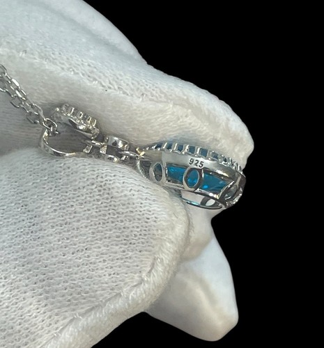 925 Sterling Silver Blue Aquamarine CZ Pendant Necklace And Earrings Jewelry Set - Picture 8 of 8