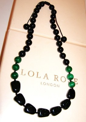 LOLA ROSE *RARE* BLACK SANDSTONE GREEN MALACHITE ADJUSTABLE NECKLACE 18''-24'' QVC