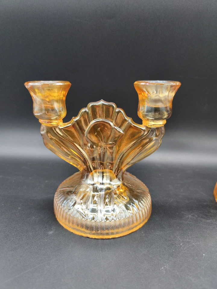 Paire bougeoirs verre ambré irisé Art Déco 14 cm chandelier vintage - Photo 3/4