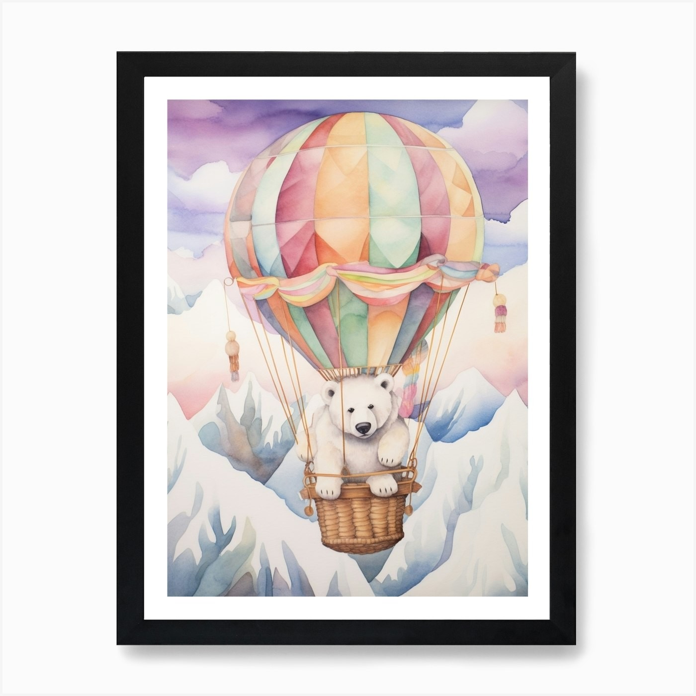 Adorable Baby Polar Bear Hot Air Balloon Framed Wall Art Canvas Print  