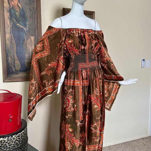 Vintage 1970s Scarf Angel Sleeves Woodstock Hippie Maxi Gown Dress L/XL - Picture 4 of 13