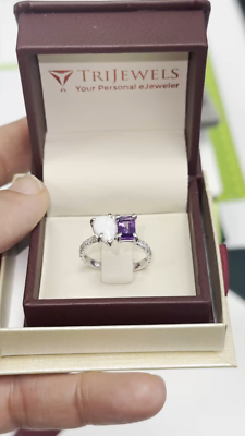 Pear Opal and Emerald Cut Amethyst Stone Duo Ring 14K White Gold