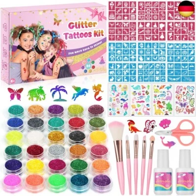 OFCIIN Glitzer Tattoo Set Kinder, Temporäre Tattoos für Mädchen, 30 Farben Glitzer, 13