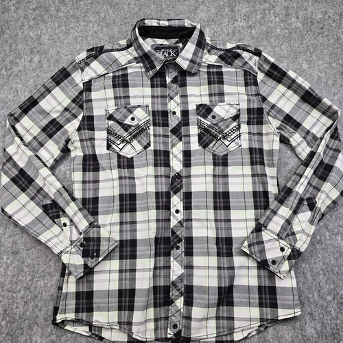 Buckle Black Button Up Shirt Mens Large Black Plaid Athletic Fit Long Sleeve - Picture 2 of 10