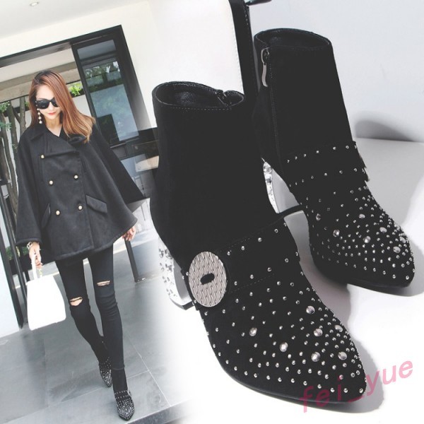 Womens Black Punk Rivets Side Zipper Suede CUban Heels Ankle Boots Pumps Shoes Womens Black Punk Rivets Side Zipper Suede CUban Heels Ankle Boots Pumps Shoes