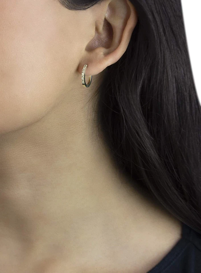 14K Yellow Gold Huggie Hoop Hinged Earrings Click With Natural 0.10 Ct. Diamond - Image 2 of 4