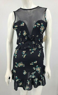 New Flynn Skye Serena Black Floral Dress Womens XS Keyhole Ruffle