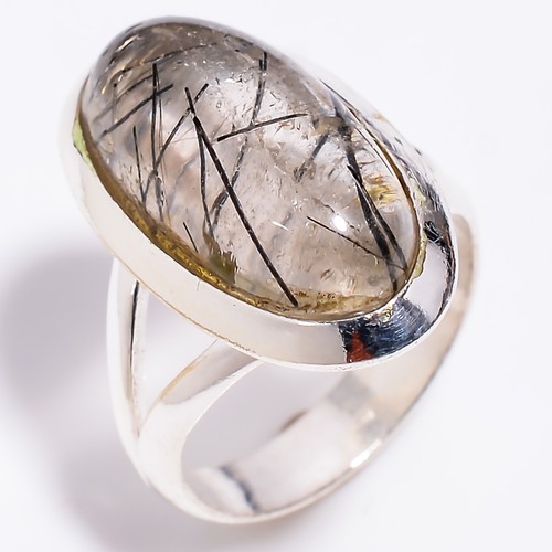 Black Rutile Quartz Ethnic Style Handmade .925 Silver Plated Ring 6.75 US GSR49