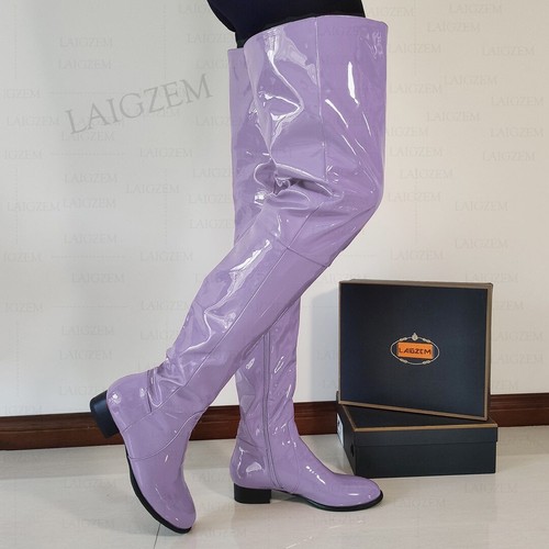 Damenstiefel Overknee runde Spitze seitlicher Reißverschluss niedrige Absätze Lackleder hohe Stiefel Gr. - Bild 12 von 34