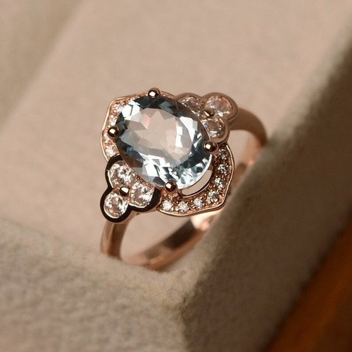 1.80 Ct Natural Aquamarine & Diamond Wedding Ring 14K Solid Rose Gold Size 4.5 - Picture 2 of 6