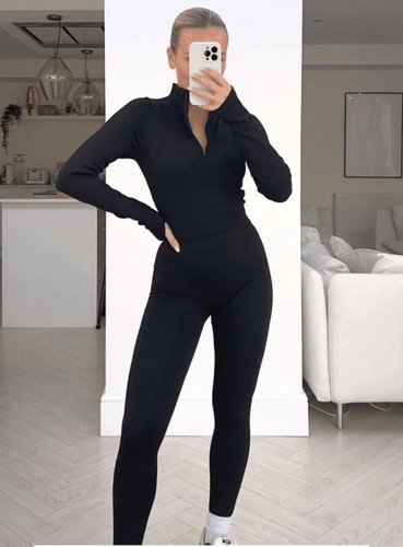 Women Ribbed Two Piece Gym Set Ladies Half Zip Hole Top Lace Up Leggings Sports - 第 2/7 張圖片
