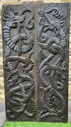 SUPERB PAIR: 19thC GOTHIC WOODEN RELIEF CARVED PANELS, GARGOYLE CARVINGS c1880s