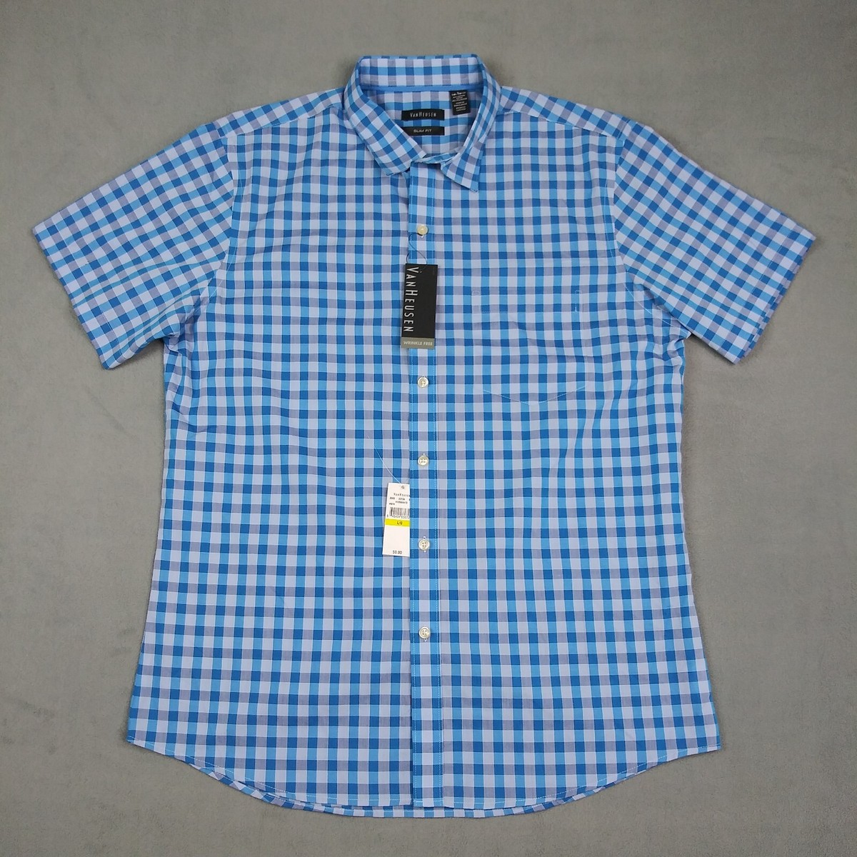 Van Heusen Slim Fit Button Up Shirt Mens Size 16-16 1/2 Large Blue Preppy  Office