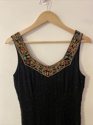 Vintage Lauren Alexandra 100% Silk Black Beaded Sequin Midi Dress Size Medium - Picture 5 of 15
