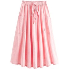 Lady Pleated Skirt Casual Summer Midi Length A-Line Skirt with Pockets Women