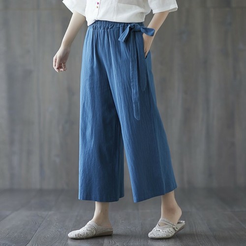 Pantalones cortos elásticos de ocio de pierna ancha cómodos de algodón y lino para mujer D - Imagen 2 de 16