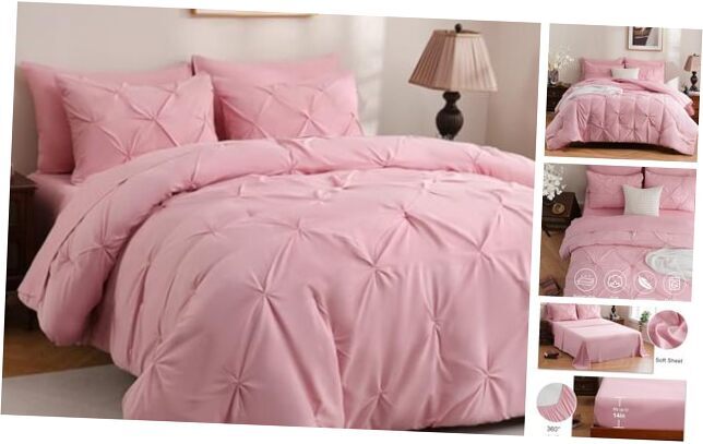 Comforter Set - 7 Pieces Pintuck Bed in A Bag Pinch Pleat Bed Queen Pink-image