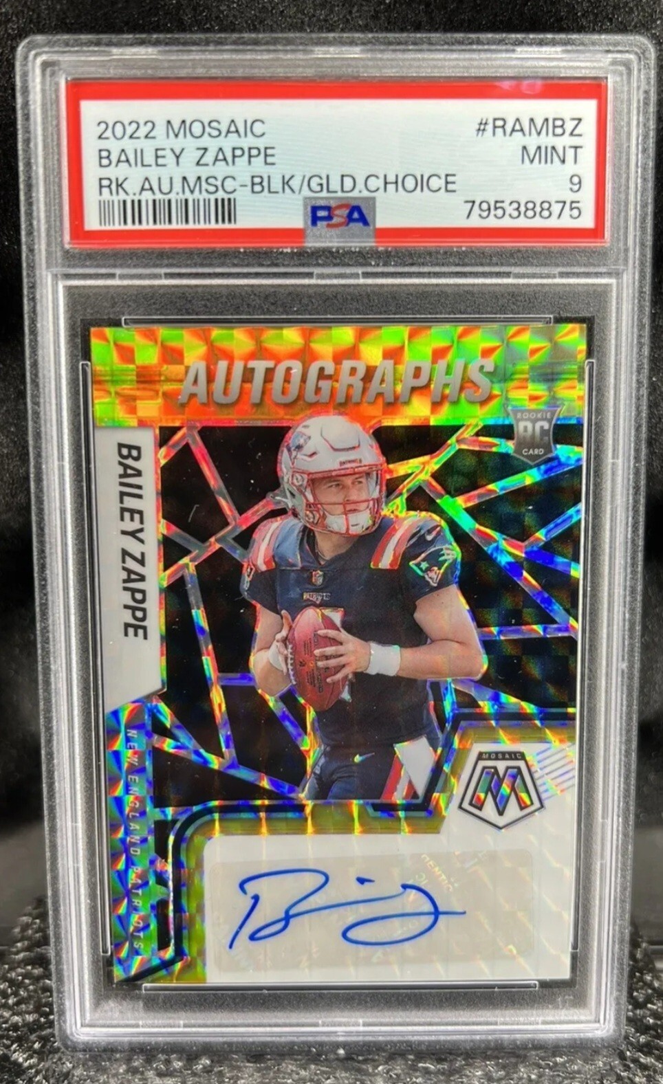 Bailey Zappe Panini Mosaic Rookie Autograph Mosaic #RAMBZ Black/Gold Choice