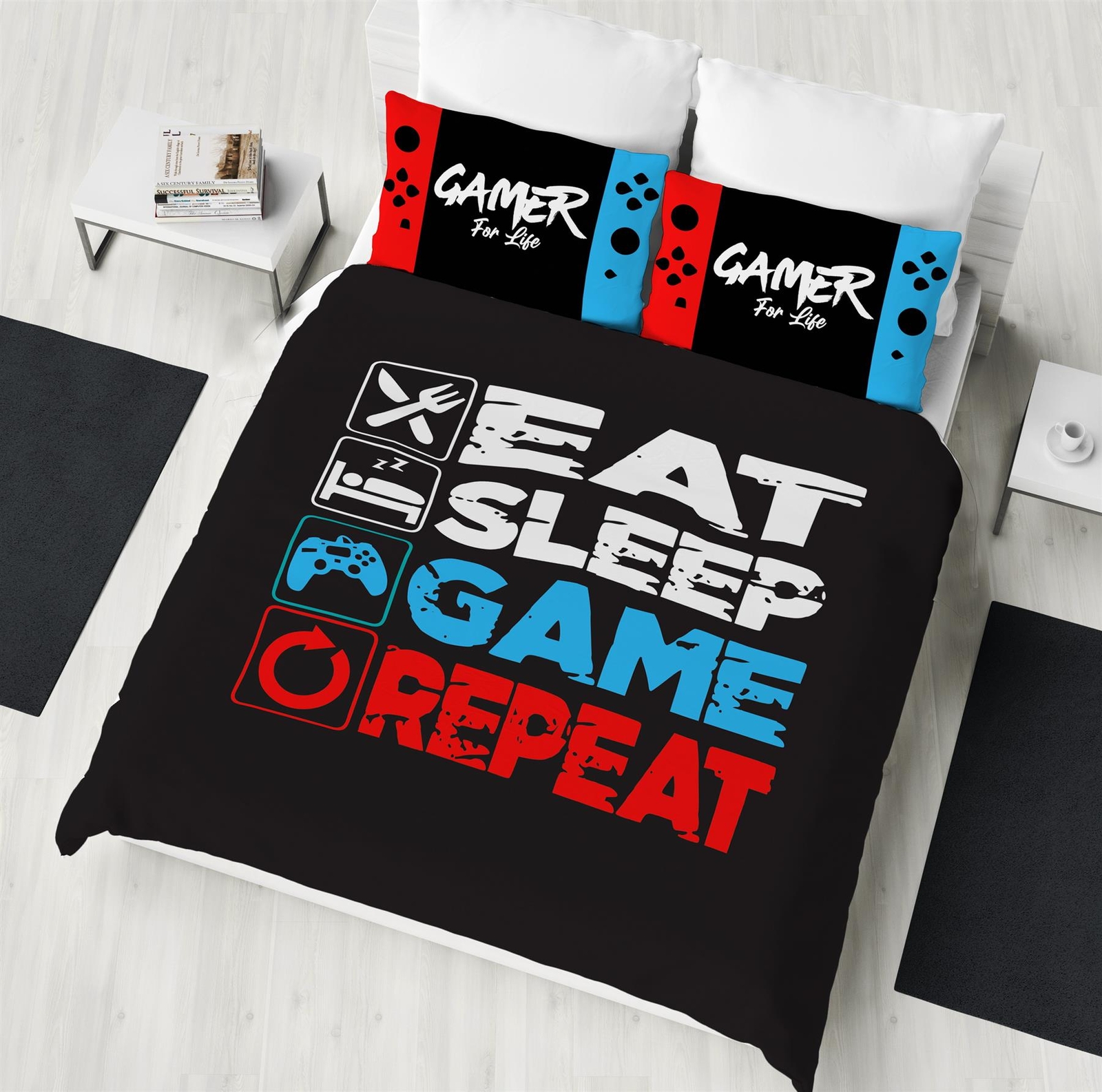 Gamer Double Duvet Cover Eat Sleep Game Repeat Controller Reversible Bedding