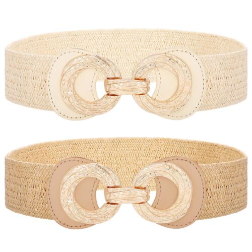 2 Pack Women Straw Woven Elastic Stretch Belt, Ladies Summer Braided Boho Waist - Picture 9 of 11