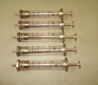 Set of 5 Vintage Old Bulgarian Medical Brass / Glass Syringes 5ml NOS w/out box