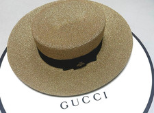 Gucci Straw Hat  Black Ribbon Gold Bee Rare S...