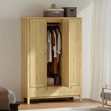 Wardrobe Closet with 3 Doors and 2 Drawers Bedroom Armoire Natural
